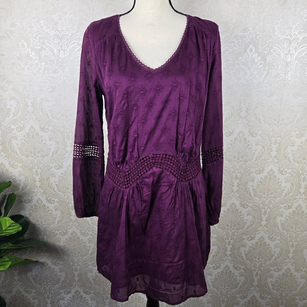Roxy Size Small Maroon Swing Dress Vneck Long Sleeve Embroidered Lightweight